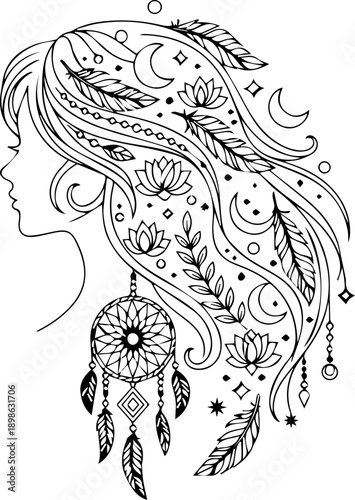Elegant line art of a woman's profile adorned with bohemian dreamcatchers, flowers, and celestial moons in her hair