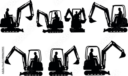 Excavator machine silhouettes with operators showing construction equipment, heavy machinery work, industrial digging, engineering operations, and earthmoving activity in black isolated illustration