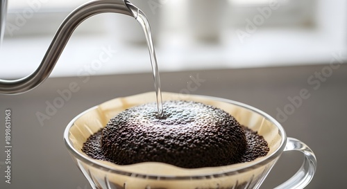 Hand Drip Coffee Brewing Process with Pour Over Kettle and Fresh Grounds