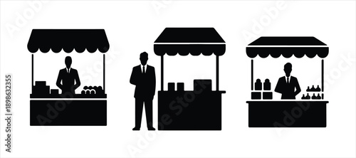 market stall silhouette vector hand drawn illustration on white background, outdoor market silhouette set.