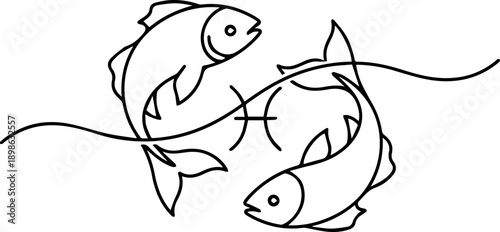 Minimalist Pisces zodiac sign illustration with two fish swimming in a circle, simple astrological line art for horoscopes and spiritual designs.