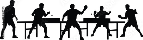 Vector illustration of table tennis silhouettes—symbols for paddle sport, fast motion, competitive play, athletic posture, indoor game, and recreational activity