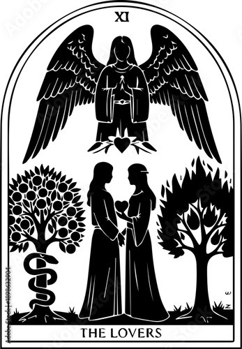 The Lovers Tarot Card Illustration with Angel Two Figures and Symbolic Fruit Trees