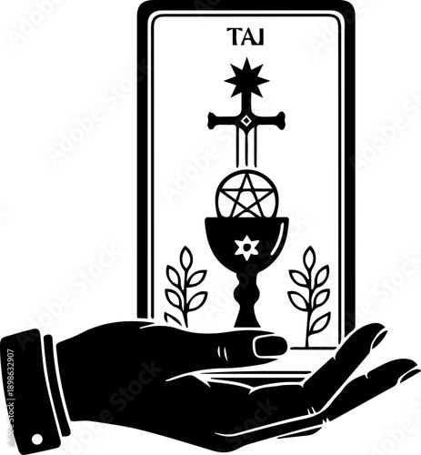 Mystical Tarot Card Illustration of Ace of Cups Being Held by a Silhouette Hand