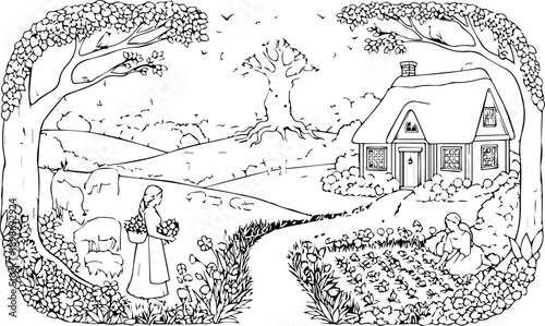 Detailed Rural Landscape Coloring Page with Cottage Sheep and Women Working in a Garden