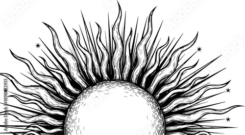Ornate Hand-Drawn Radiant Sun with Wavy Rays and Stars in Vintage Etching Style