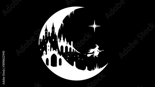Halloween Silhouette of a Witch on a Broomstick Flying Past a Castle on a Crescent Moon