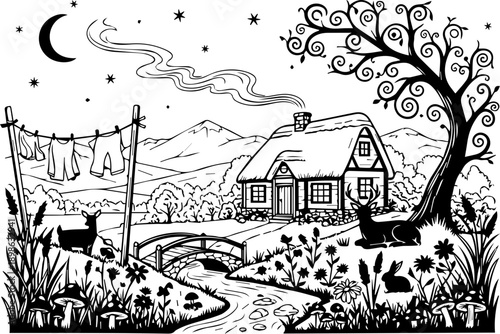 Quaint Countryside Cottage Landscape with Stream Forest Animals and Drying Laundry