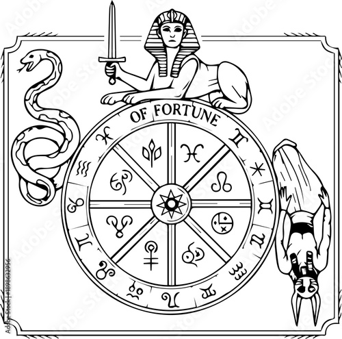 Esoteric Tarot Card Illustration of the Wheel of Fortune with Sphinx and Snake