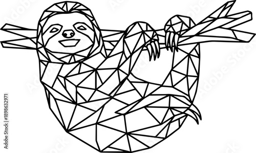 Low Poly Geometric Line Art of a Sloth Hanging from a Branch