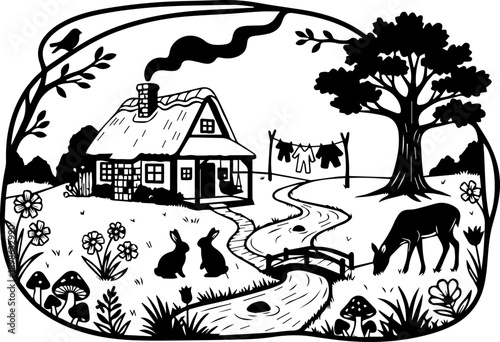 Woodcut Style Illustration of a Rural Cottage Stream and Forest Animals in Black and White