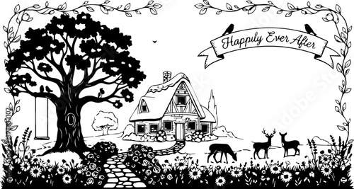 Fairy Tale Cottage Landscape with Happily Ever After Banner and Forest Animals