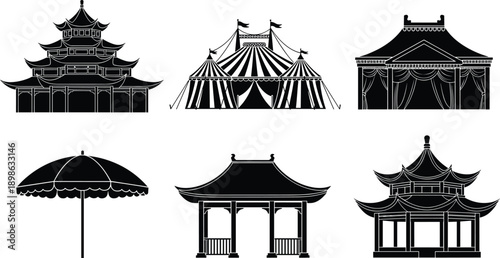 Asian pavilion and tent silhouette illustration set featuring traditional pagodas, festival canopies, and cultural architecture structures in elegant black vector style isolated on white background