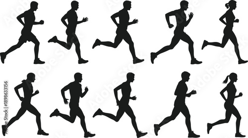 Array of black silhouettes depicting male and female runners in full stride showcasing diverse athletic forms and energetic motion