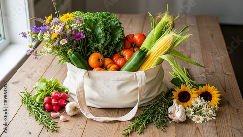 Bilde på lerret Eco friendly tote bag filled with fresh vegetables herbs and flowers on rustic w