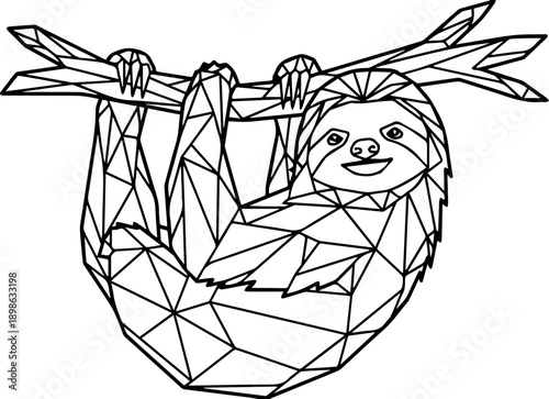 Low Poly Geometric Sloth Illustration Hanging from a Tree Branch