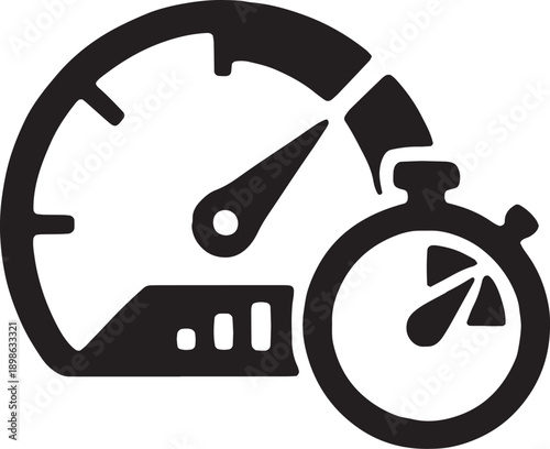A speedometer gauge with the needle maxed out next to a stopwatch, symbolizing speed optimization, fast loading times, and efficiency, bold graphic style