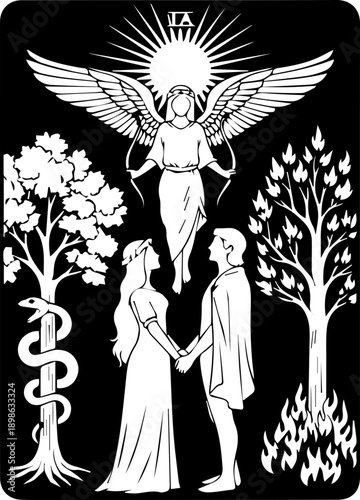 The Lovers Tarot Card Illustration in Black and White Woodcut Style, Mystical Occult Symbolic Art