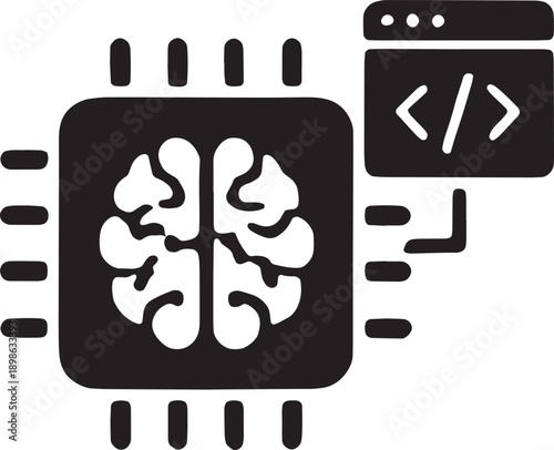 A microchip circuit forming a brain shape connected to a code block, representing artificial intelligence, machine learning, and automated coding, modern vector icon