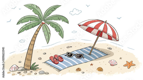 Relaxing beach scene with palm tree and umbrella