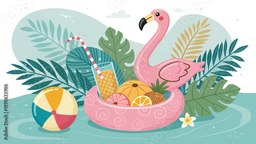 Vibrant tropical scene with pink flamingo float and refreshing summer drinks