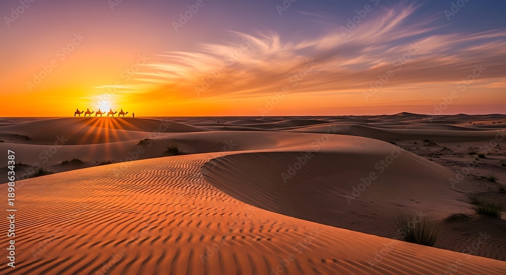 Naklejka premium Camel riders traversing serene desert landscape at sunset