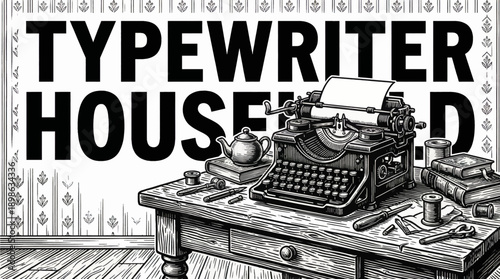 Vintage Typewriter Household Object Retro Black White Background Vector Illustration