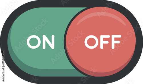 Flat green and red on off toggle switch with white text in a black border desig