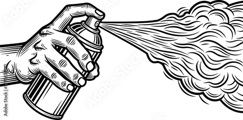 Hand holding spray paint can illustration with dynamic aerosol cloud, bold black and white line art vector for graffiti, street art and creative design concepts