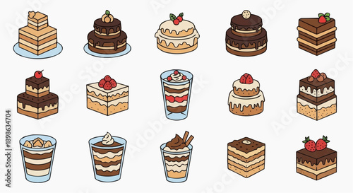 A vibrant collection of dessert illustrations, featuring various cakes, parfaits, and sweet treats. Perfect for menus, digital projects, and charming confectionery graphics