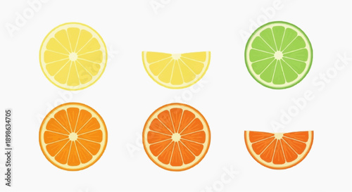 Various citrus fruit slices including lemons, limes, and oranges arranged in a 2x3 grid on a white background