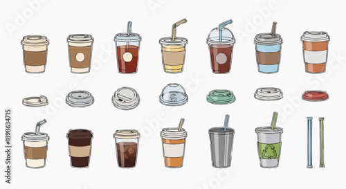 A variety of disposable cups with lids and straws, perfect for beverages like coffee, tea, and juice