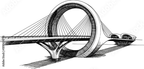 Modern bridge illustration, circular support structure, black and white sketch, cable-stayed design, architectural concept art, futuristic transportation, engineering drawing, artistic bridge design
