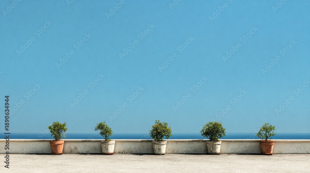 Fototapeta premium Row of potted plants on balcony overlooking serene horizon with bright blue sky and calm sea, creating a tranquil outdoor living space