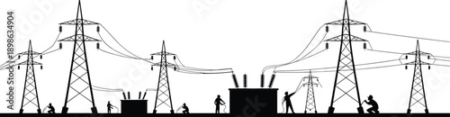 Electrical substation silhouette with workers connecting power lines to voltage transmission towers and transformers