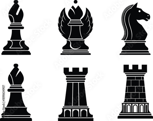 Chess piece silhouette illustration set featuring king, knight, bishop, rook designs, classic strategy game symbols in bold black vector style isolated on white background