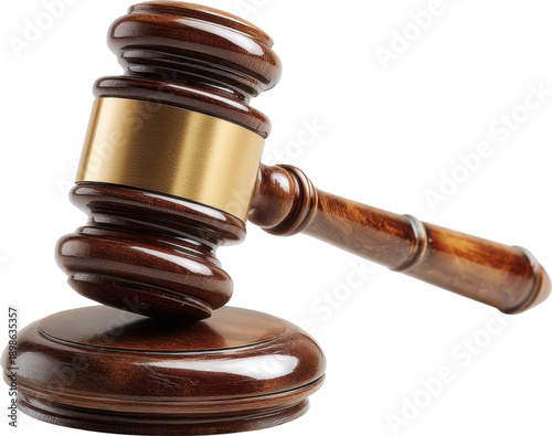 Wooden gavel resting on a reflective surface symbolizing authority and judgment isolated on transparent background