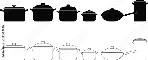 Cooking pot and pan silhouette illustration set featuring kitchen cookware, saucepans, stockpots, and frying pans in black and outline vector styles isolated on white background
