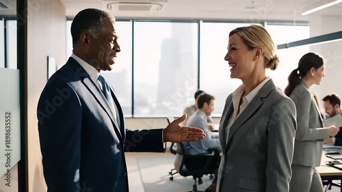 African American businessman and Caucasian businesswoman shake hands with genuine smiles, symbolizing a successful partnership in a modern office.