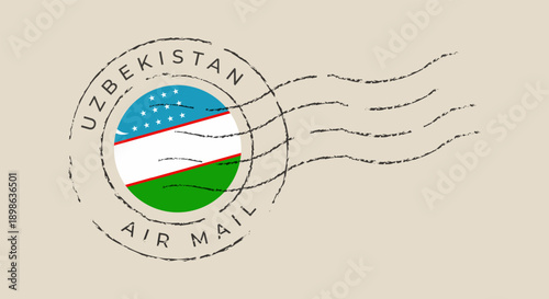 Uzbekistan postage stamp with national flag and air mail cancellation mark in a distressed vintage vector style.