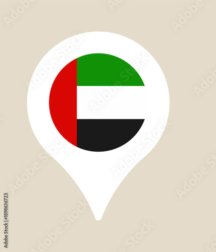 United Arab Emirates flag inside a white map pin icon for indicating a travel destination or location.