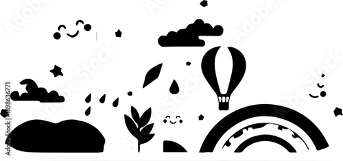 Colorful Cloud Sticker with Rainbow, Sun, and Weather Elements, Playful Cartoon Illustration for Children