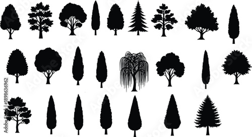 Tree silhouette collection, black botanical shapes, diverse foliage and trunk styles, coniferous, rounded, weeping willow, landscape design, artistic reference, nature icons