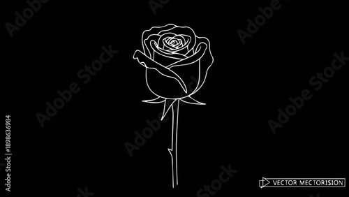 Minimalist blue neon line drawing of a rose on a long stem over a dark blue engineering grid background