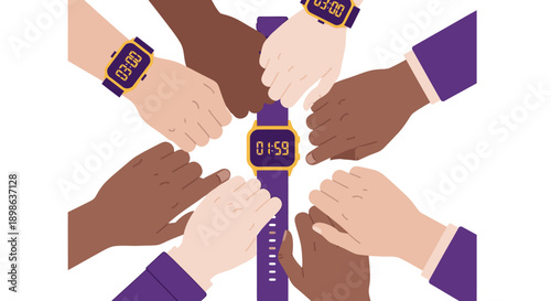 Diverse Team Hands and Digital Watch Timer: Collaborative Time Management, Deadline Countdown, and Unity in Business Vector Illustration