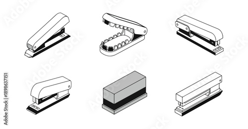Office supplies isometric illustration set staplers puncher and eraser