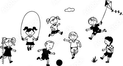 Whimsical Hand Drawn Style Illustration of Children Playing with Kite Ball and Jump Rope Outdoors