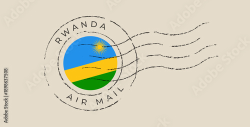 Rwandan flag circular postmark stamp vector illustration for air mail with a distressed grunge ink texture on paper.