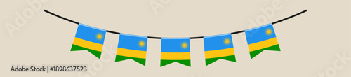 Rwandan flag bunting banner hanging on a string as a festive vector decoration for a patriotic national holiday.