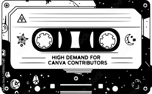 Vintage Retro Audio Cassette Tape Illustration with Celestial Boho Design Elements and Earthy Colors